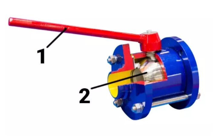 1 – ручка, с помощью которой задействуется шар;

2 – запорная часть в форме шара с технологическим отверстием внутри, позволяющим регулировать поток рабочей среды.