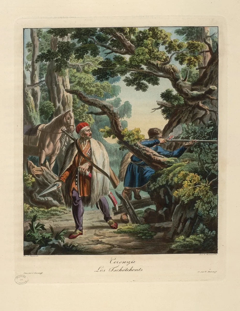 Чеченцы / Иллюстрация из книги "Народы России, или Описание нравов, обычаев и костюмов различных национальностей Российской Империи" Рисунки Е.М. Корнеева. Историк Деппинг, Жорж-Бернар. Граф Рехберг-и-Ретенлевен Paris, D. Colas, 1812-1813