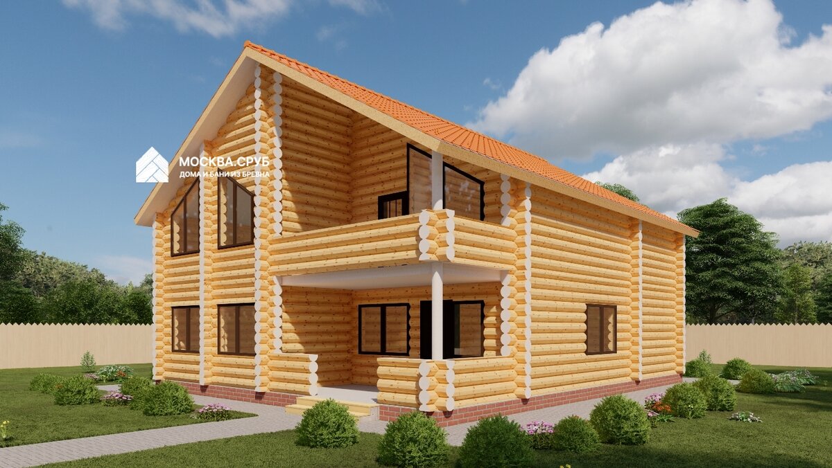 Проект сруба дома 12х10 с террасой. Шикарный проект коттеджа из бревна ручной рубки.