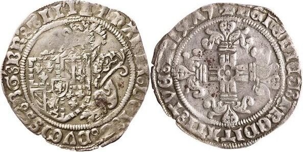 Брике (нидерл. vuurijzer) Марии Бургундской 1479 года, отчеканенный в г. Антверпен герцогства Брабант (знак монетного двора "башня" расположен в верхней части аверса и замыкает легенду)