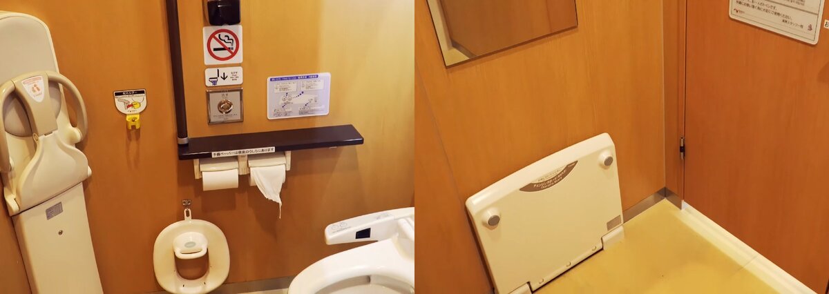 Японская кабинка для взрослого с ребёнком в общественном туалете (слева общий вид, справа подставка для переодевания)