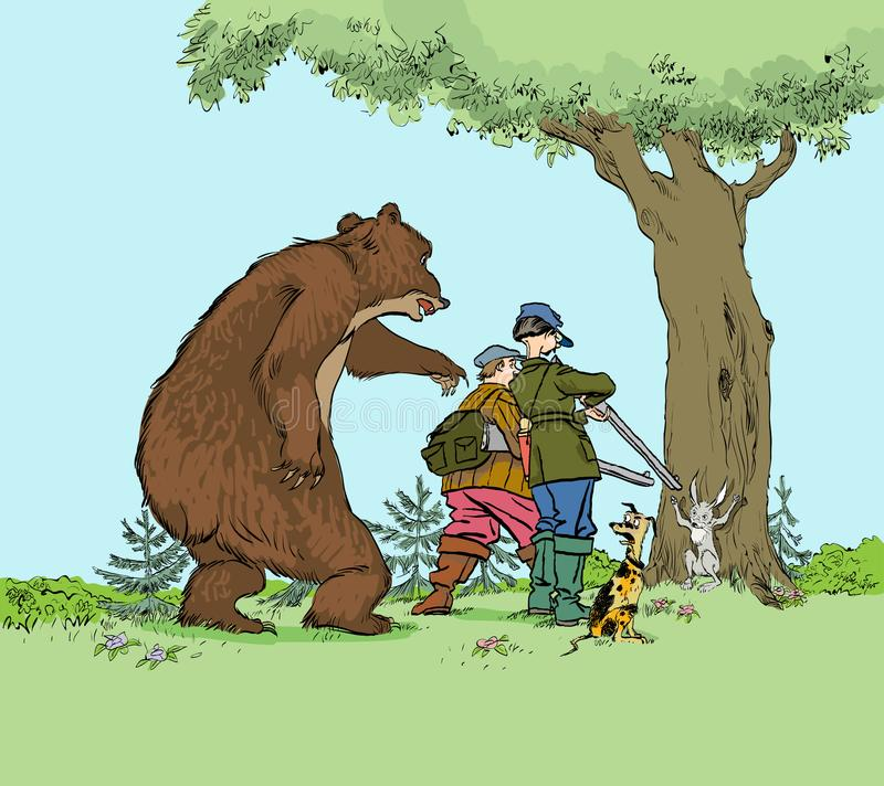 Встретились два товарища. Карикатура медведь и охотник. Охотник на дереве и медведь. Медведь и охотник прикол.