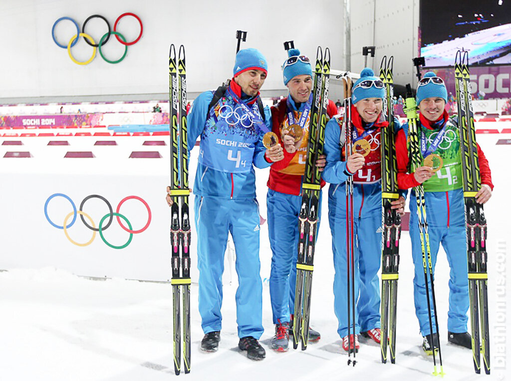 Сочи-2014: золотая российская четверка (слева направо) - А. Шипулин, Д. Малышко, 
А. Волков, Е. Устюгов. Фото: biathlonrus.com