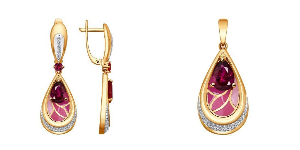 СЕРЬГИ, ПОДВЕСКА (585) РУБИН, ЭМАЛЬ, БРИЛЛИАНТ