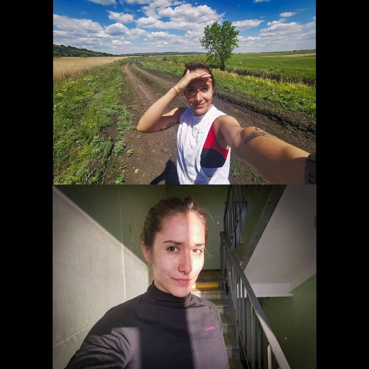 Внизу - бег в подъезде. Вверху - бег на природе)