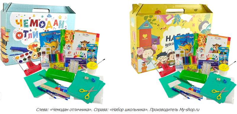 личный скрин с сайта, который указала выше. Скорее всего не увидите перечень,но на картинке можно рассмотреть что входит в набор. Ничем не отличаются, везде 43 предмета и стоят по 999р.