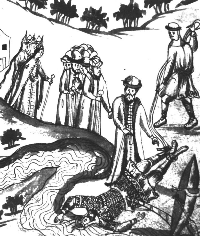 «Татарин Яныш, Бегишев внук, вытаскивает из реки тело Ермака», миниатюра из «Истории Сибирской» С. У. Ремезова