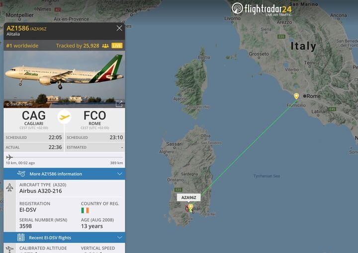 последний рейс авиакомпании – из Кальяри в Рим (источник – flightradar24.com)