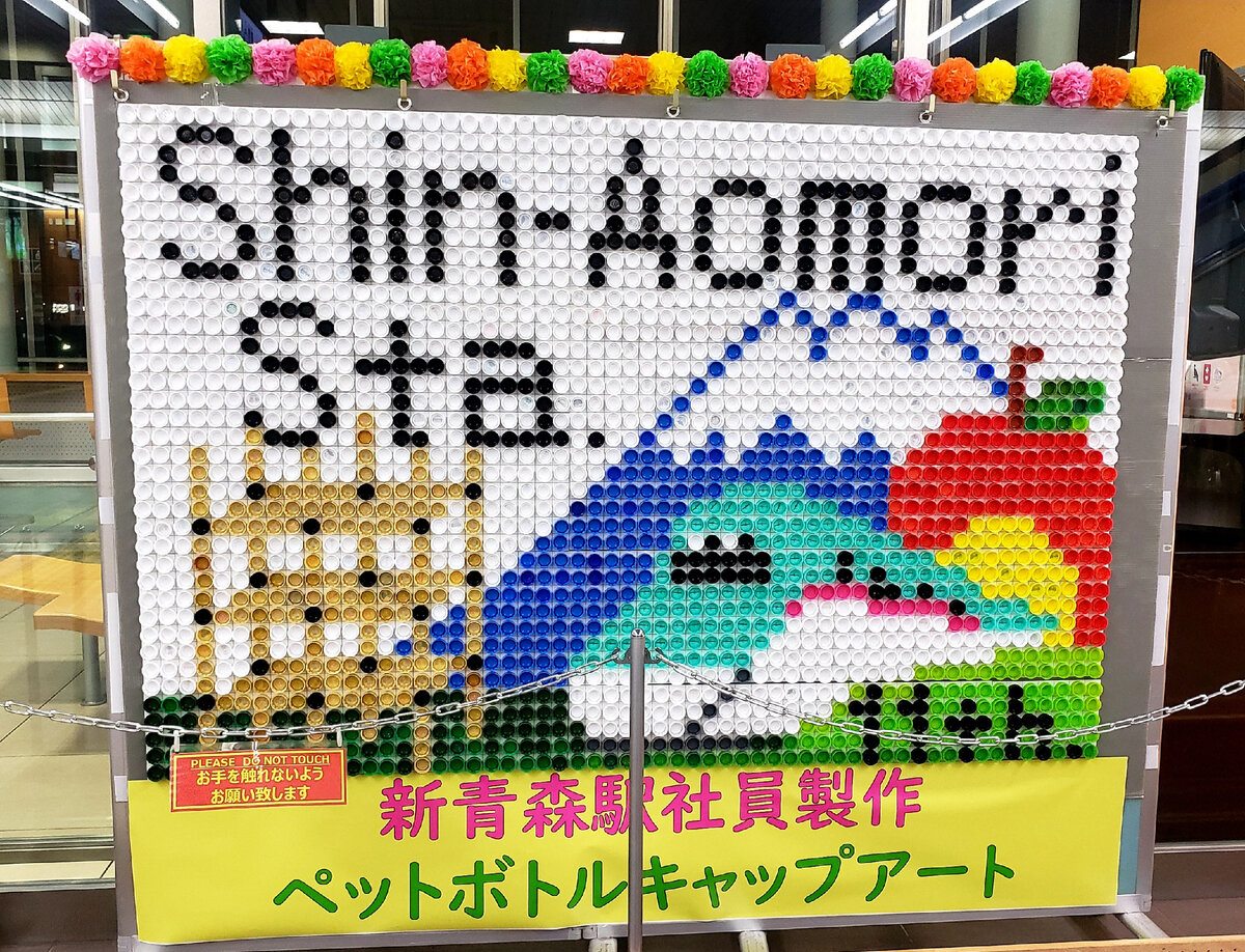 При близком рассмотрении, обнаружила, что аппликация выполнена из крышечек от бутылок. Очень круто.😃