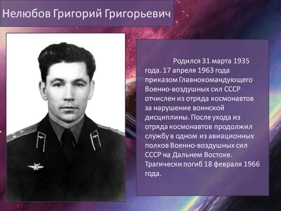 
Григорий Нелюбов - советский военный летчик, член первого отряда советских космонавтов. Его готовили к полетам в космос, но в космос он так и не слетал. Мало того, имя его на долгое время было вычеркнуто из истории космоса.

