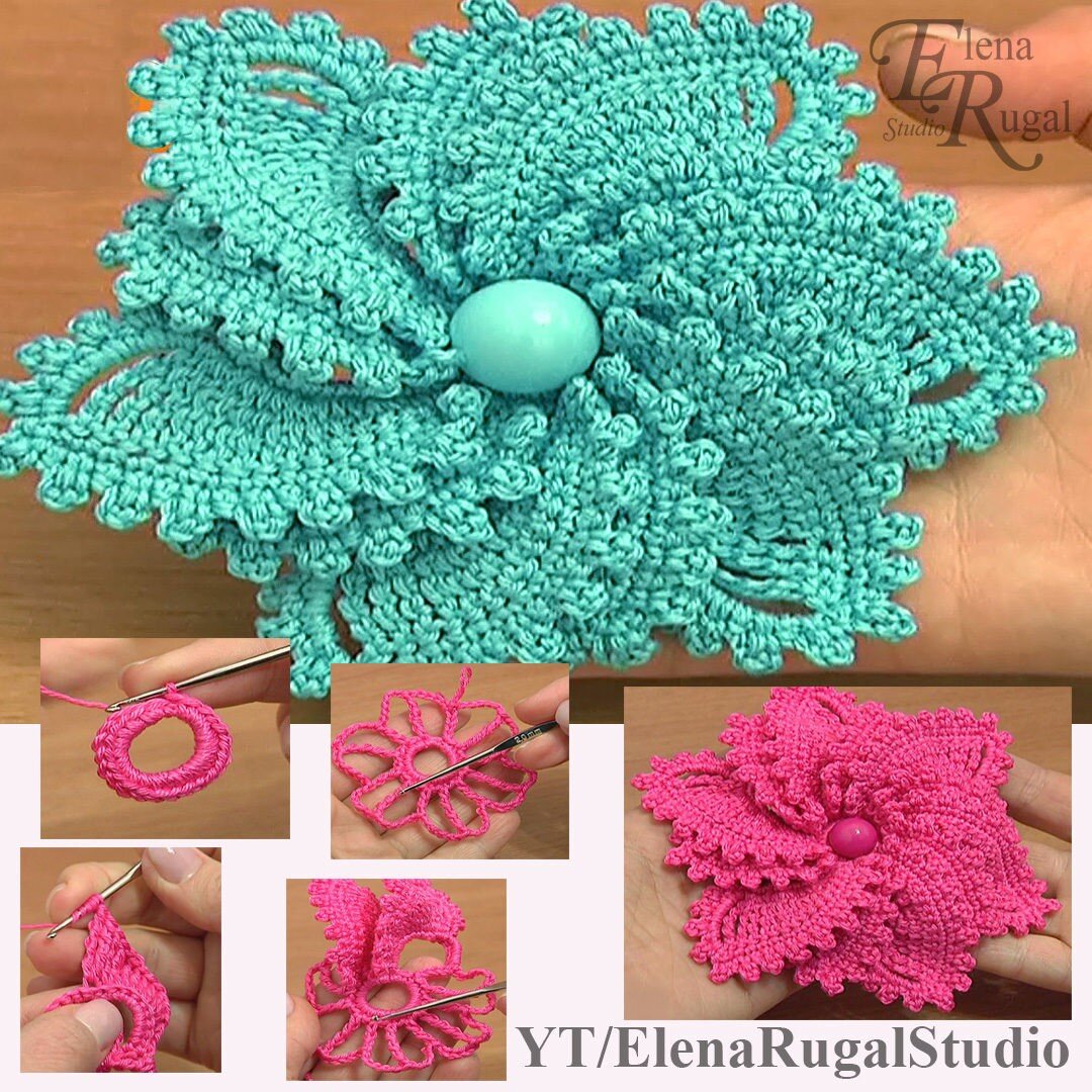 Связанный цветок объемным вязанием крючком