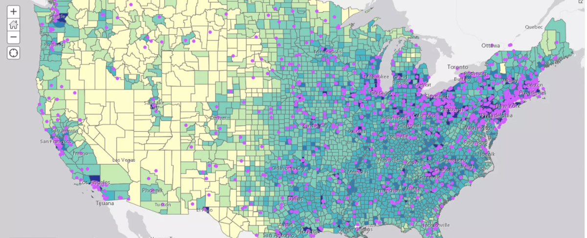 GIS map overlaid with U.S. population density in 1930 for a project at Lehigh University. Purple dots indicate correspondence issued by Franklin Delano Roosevelt.