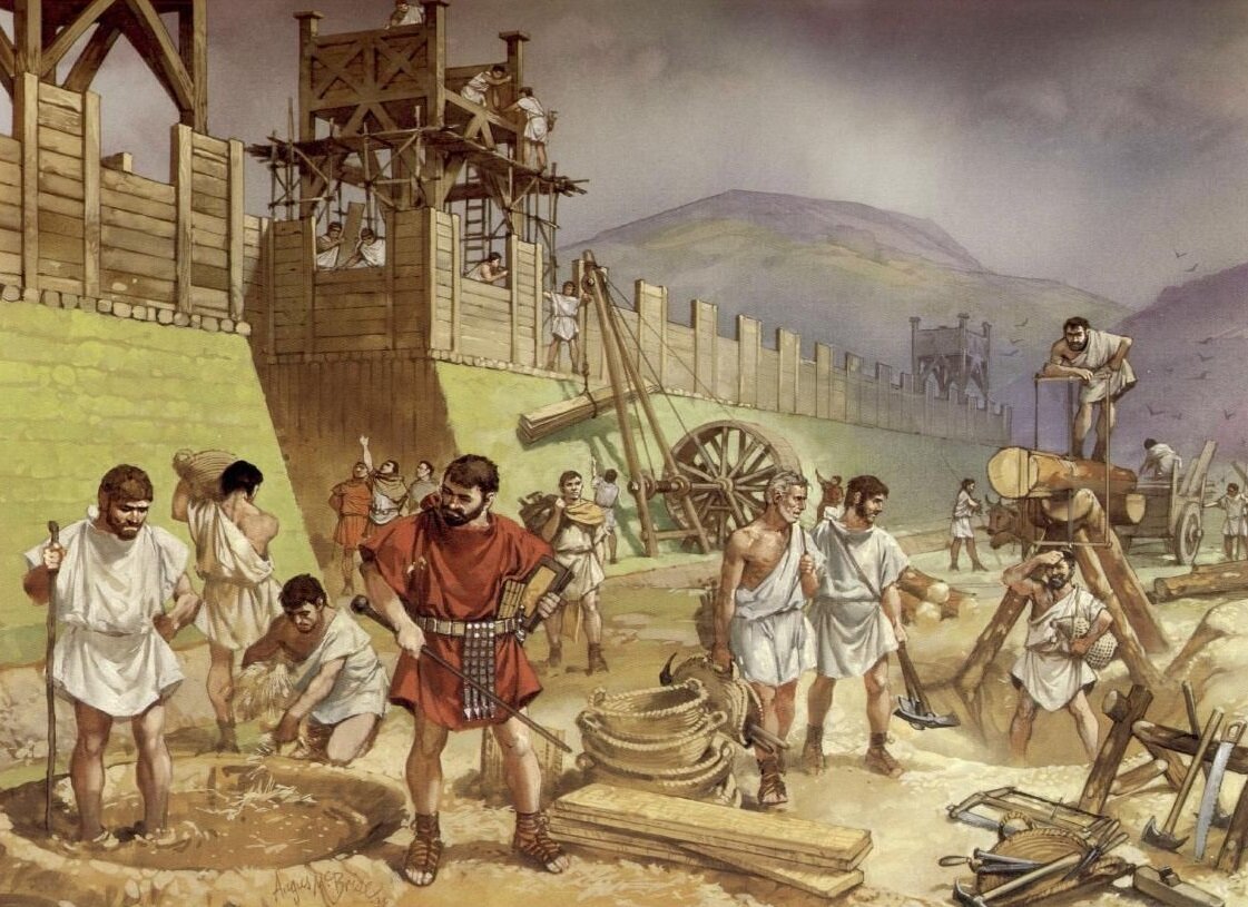 Римские солдаты трудятся над укреплениями у границ Империи. Иллюстратор: Angus McBride