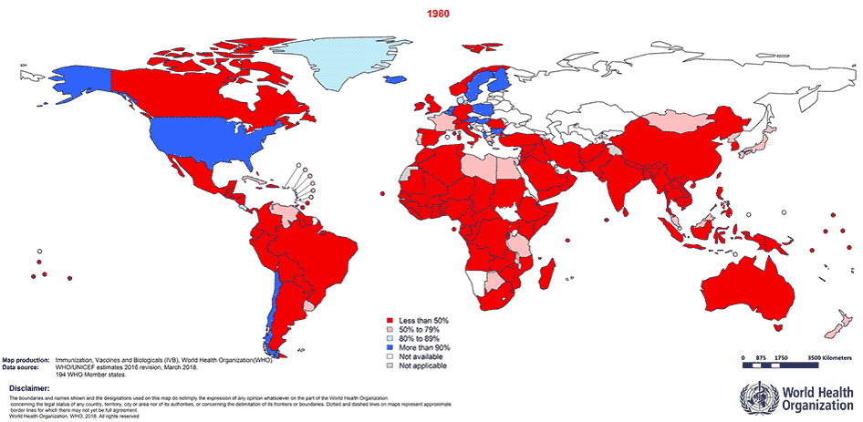 Покрытие иммунизацией тремя дозами вакцины против дифтерии, столбняка и коклюша по странам и годам, от насыщенного красного цвета (менее 50 процентов) до насыщенного синего (более 90 процентов); белый и серый цвета означают отсутствие данных

ВОЗ