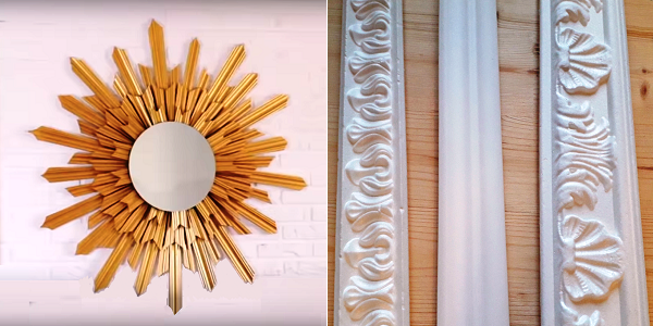 Для домашнего солнца понадобится круглое зеркало и потолочный багет из полиуретана. . Выбираем самый простой вариант без резьбы. На фото справа он в центре.