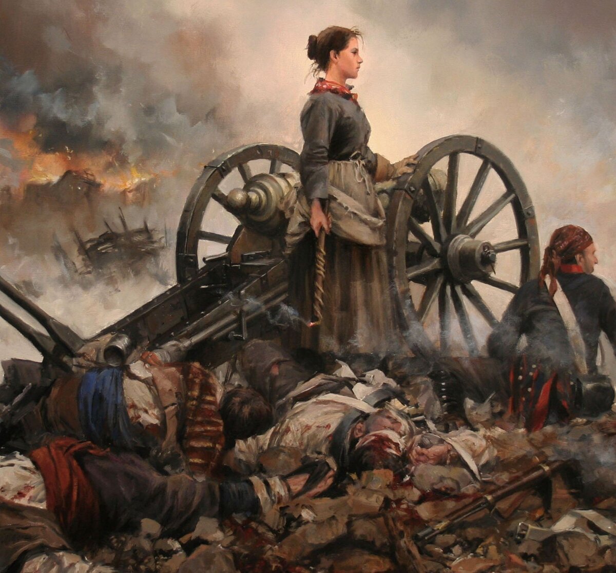 В тех боях проявила себя героиня войны - тогда еще доброволец, а впоследствии и солдат испанской армии - Агустина де Арагон. Она помогала артиллеристам в осажденной Сарагосе. Художник: Augusto Ferrer-Dalmau