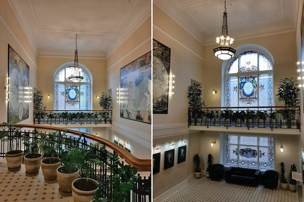 Парадная лестница в здании Русского Географического Общества. Оригинальные витражи сохранились до наших дней в идеальном состоянии!