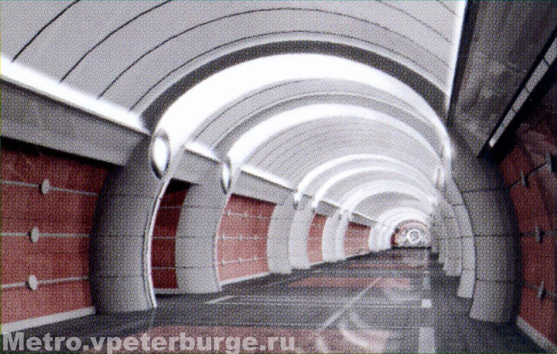 Рендер центрального зала станции по проекту 2011 года. Чем-то напоминает соседний "Обводный Канал". 
