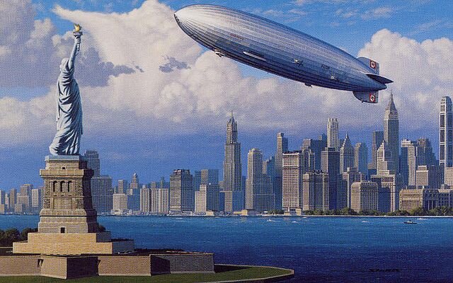 "Гинденбург" плывет над островом Манхэттен в Нью-Йорке 6 мая 1937 года, всего в нескольких часах до катастрофы в соседнем Нью-Джерси. 