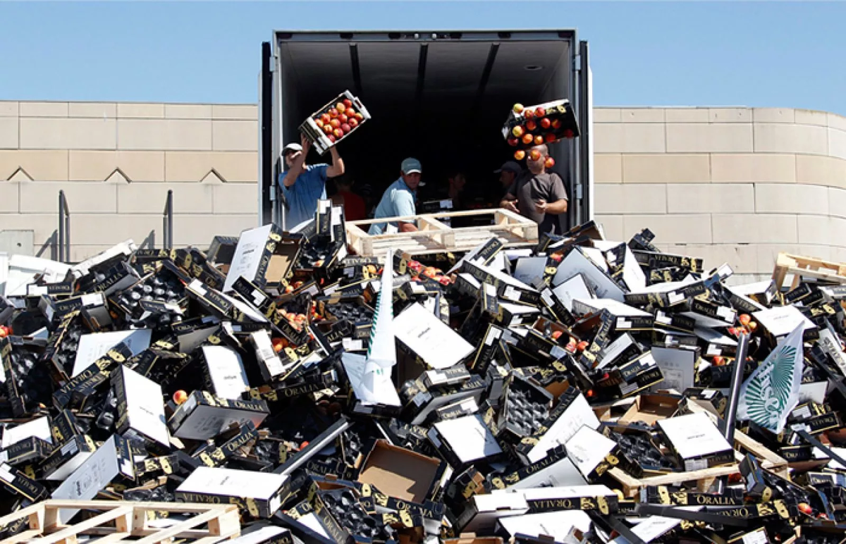 уничтожает товары. уничтожает товары. санкции на продукты. уничтожение санкционных продуктов. давка санкционных продуктов.