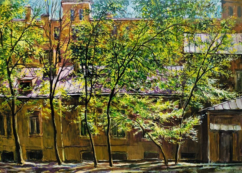 В. Качанов "В Малом Златоустинском переулке", 1980.  Дворик, которого больше нет