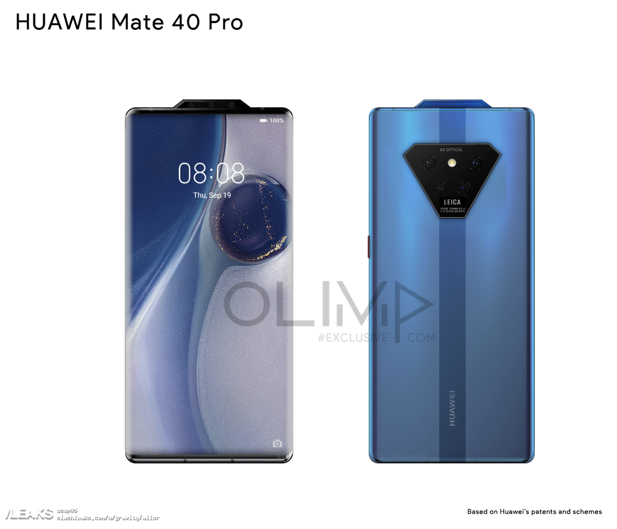 По данным источника, смартфон Huawei Mate 40 Pro получит полностью безрамочный дизайн. Экран окажется «водопадным» в стиле Mate30 Pro, а верхняя и нижняя рамки окажутся совсем тонкими. Также не видно вырезов и отверстий под фронтальную камеру. Основная камера с пятью модулями на задней панели по оформлению похожа на Mate 20