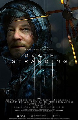 Death Stranding компьютерная игра в жанре action с открытым миром[5], разработанная студией Kojima Productions и выпущенная Sony Interactive Entertainment для PlayStation 4 в 2019 году[6]; в 2020 году компания 505 Games выпустила версию игры для Microsoft Windows[7]. Это первая игра Хидэо Кодзимы и Kojima Productions после разрыва с Konami в 2015 году. В работе над игрой приняли участие актёры Норман Ридус, Мадс Миккельсен, Леа Сейду, Линдси Вагнер и Трой Бейкер[8]; в игре также появляются персонажи, моделями для внешности которых послужили кинорежиссёры Гильермо дель Торо и Николас Виндинг Рефн.