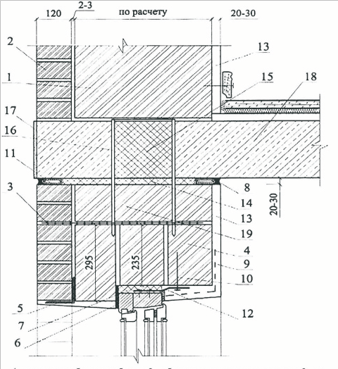 1 – полистиролбетонные блоки; 2 – облицовка из лицевого кирпича; 3 – армирующая стальная сетка; 4 – перемычки полистиролбетонные; 5 – стальной уголок с антикоррозион-ным покрытием; 6 – саморасширяющаяся паропроницаемая лента; 7 – противопожарная прокладка из негорючего материала, например из минеральной ваты; 8 – тиоколовая мастика с окраской; 9 – армирующая сетка; 10 – стальной штырь диаметром не более 20 мм; 11 – геонитовый шнур; 12 – гибкая анкерная пластина; 13 – внутренняя штукатурка; 14 – сжимаемый негорючий материал, например минеральная вата; 15 – термовкладыш из негорючего утеплителя; 16 – П-образный связевомонтажный элемент; 17 – декоративный отделочный слой; 18 – междуэтажная плита перекрытия; 19 – доборные полистиролбетонные блоки