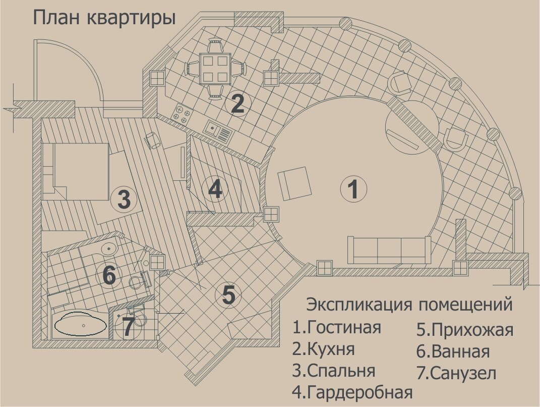 Пример гармоничной планировки. Здесь все раскручивается по кругу в поддержку архитектуре здания.