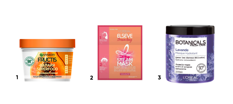 1. Маска 3 в 1 для поврежденных волос Fructis SuperFood «Папайя», Garnier. 2. Паровая маска для длинных поврежденных волос Elseve «Длина Мечты», L'Oréal Paris.
3. Увлажняющая маска для волос «Botanicals Лаванда» для тонких волос, L'Oréal Paris.
