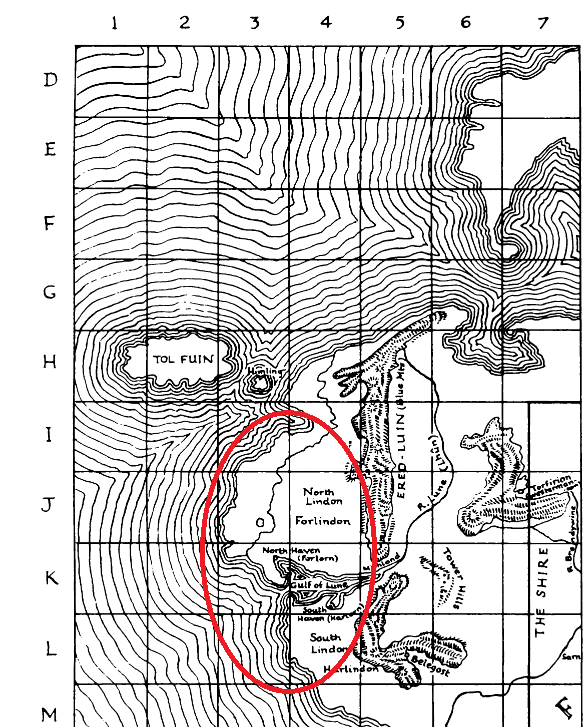 Линдон на карте от 1943 г. (обведён красным). Фото взято из VII тома "Истории Средиземья".