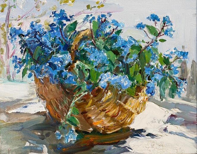 Цветкова В.П. Незабудки в корзине. 1989. Х.м. 38х49