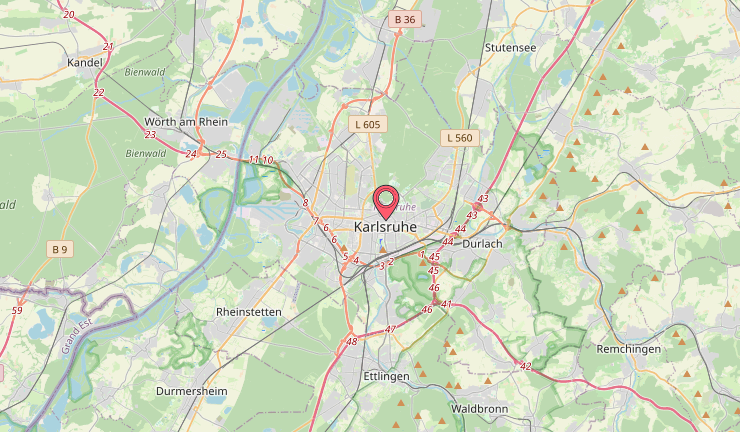 Местоположение города "Karlsruhe" на карте. Скрин с сайта: 2markers.com