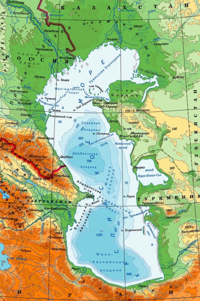 Пролив по восточному. Каспийское море на карте. Каспийское море на карте России. Географическая карта Каспийского моря. Карта Каспийского моря с городами.