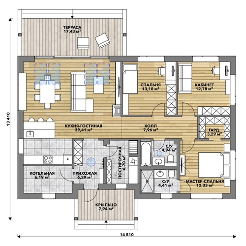 Планировка дома «ТК-2» от Good Wood на выставке Open Village. Мокрые зоны сосредоточены в одной части, мастер-спальню от других отделяет коридор и гардеробная (источник — openvillage.ru)