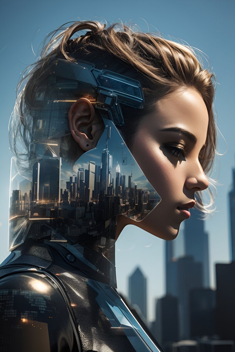 Double exposure portrait featuring a male humanoid android and city skyline, with the buildings perfectly blending into her hair and skin, chiaroscuro, volumetric lighting, 32k trendy abstract movie poster, stunning portrait 75mm photo , cover artwork, minimal at maximum, artwork, highly detailed, studio lighting, mystical atmosphere, photography, perfect shading, shot on Nikon 750D, ISO 100