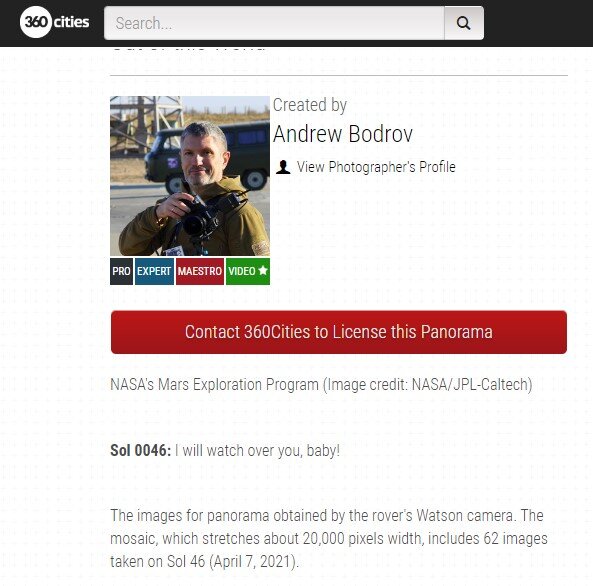    Панорама, как утверждается, склеена Андреем Бодровым из снимков якобы сделанных на Марсе марсоходом НАСА. К нему мы претензий не имеем.
