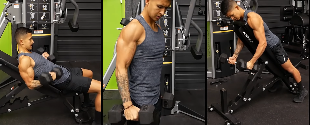 Примеры упражнений на бицепс. Одна целевая мышца, но 3 разных угла выполнения.