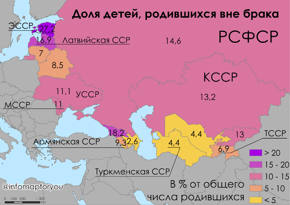 Доля детей, родившихся вне брака в СССР к 1990 году