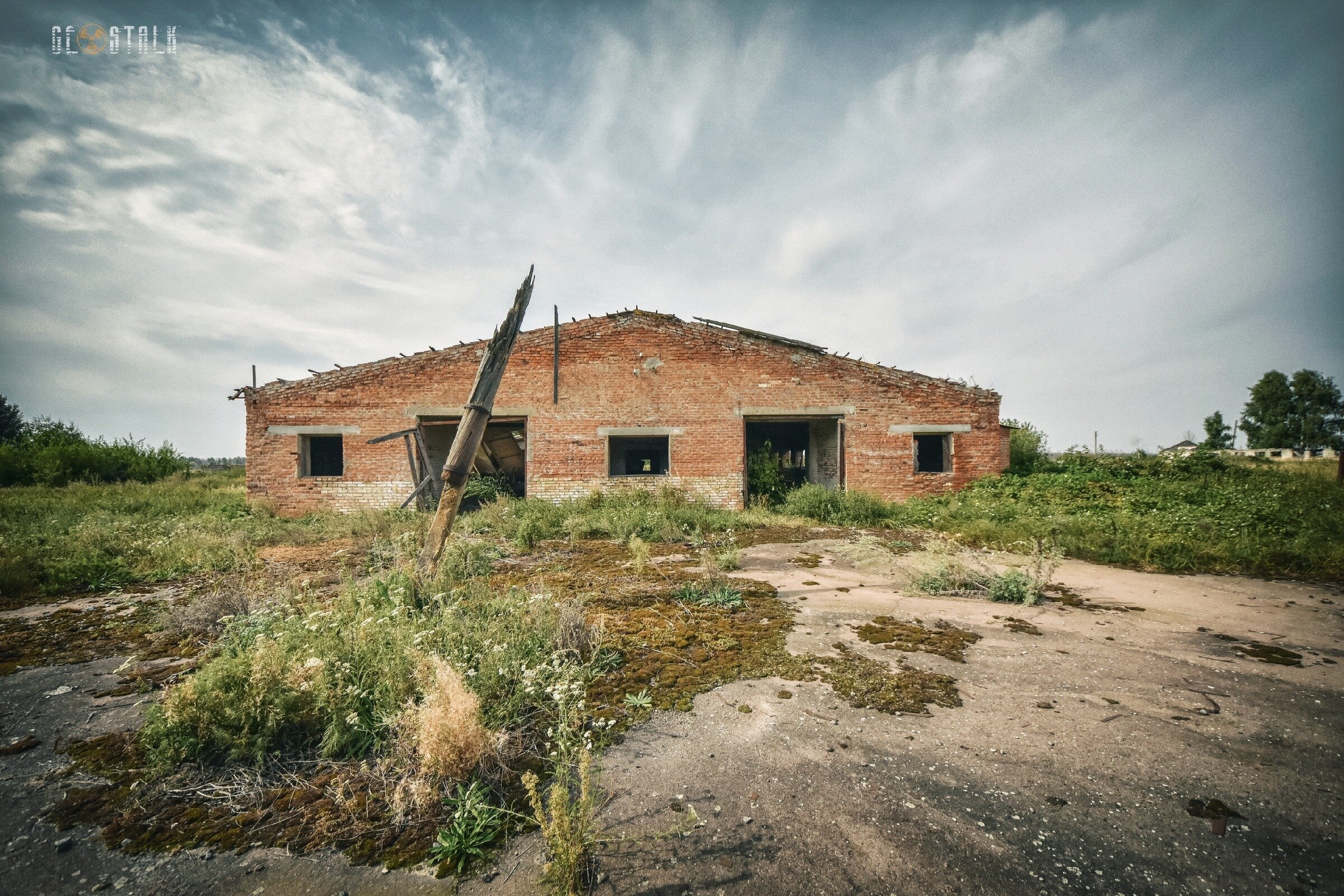 Чернобыль. Остатки зданий и заросшая техника в заброшенном колхозе 