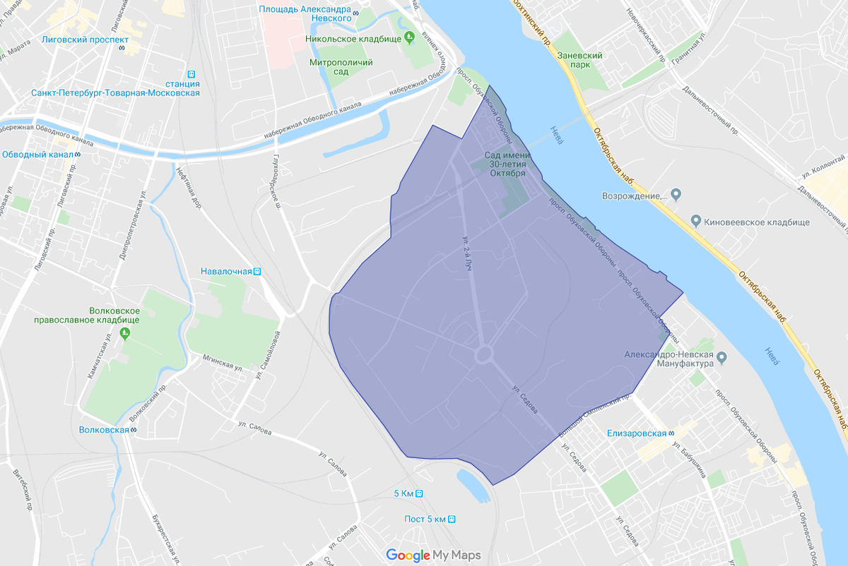 Границы исторического района на современной карте города, скриншот сделан с помощью google maps