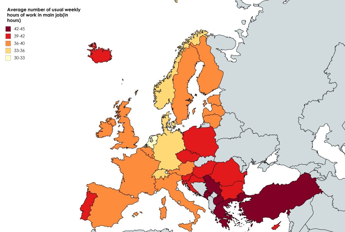 Количество человекочасов в неделю на работе в странах Европы