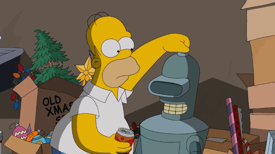 "Спасибо, приятель." Гомер подливает пиво Бендеру, когда тот остался валяться у них в подвале на 1000 лет, чтобы вернуться в будущее. О пересечениях с Футурамой я вам ещё отдельно расскажу (Уппс, спойлер!). Фрагмент сериала Симпсоны, s26e06