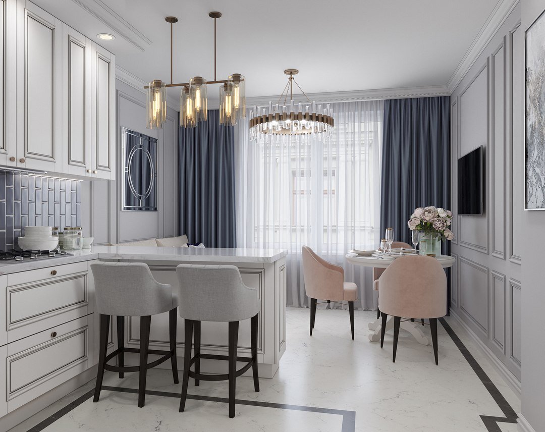 Мраморный пол в интерьере кухни