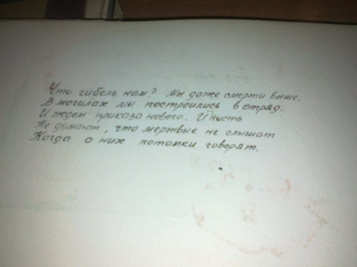 Что гибель нам? Ты даже смерти выше в могилах мы построились в отряд и ждём прихода новых. И  пусть не думают, что мёртвые не слышат когда о них потомки говорят.