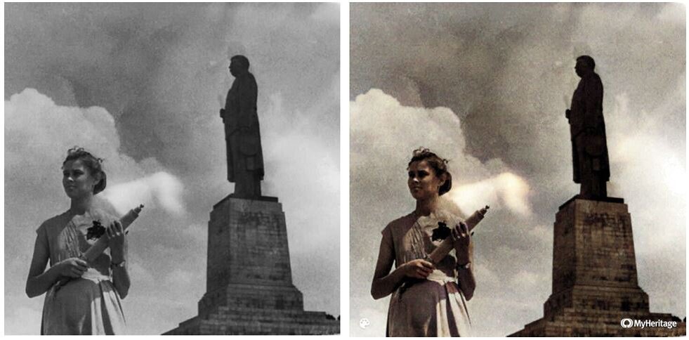 Моя бабушка на фоне памятнику И.В. Сталину, 1950-е года, г. Сталинград