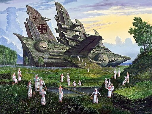 "Птица" корабль класса вимана, распустившая перья до сырой земли.