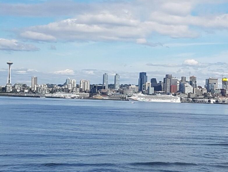 Вид Сиэтла со стороны Алкай бич. Слева видна знаменитая башня-ресторан Спэйс Игл. 