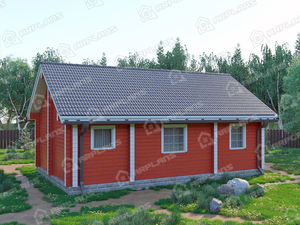 Фото 2 одноэтажного дома из бруса с 2 спальней и террасой. 50 кв м. Источник arplans.ru Проект ДС-071