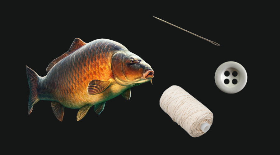 Сазан заглатывает пуговицу на леске, а потом, пытаясь избавиться, выбрасывает её через жабры и так ловится.